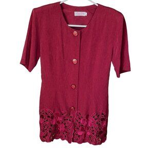 Fang Fang Womens VTG Blouse Size M Maroon Embroidered Office Secretary Retro 80s